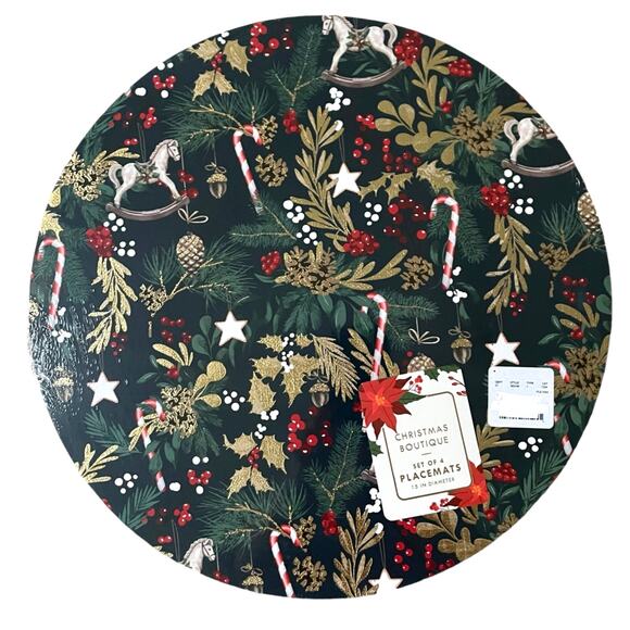 Christmas Boutique Reversible Cork Backed Placemats 15in Round Set of 4 New - Picture 2 of 15